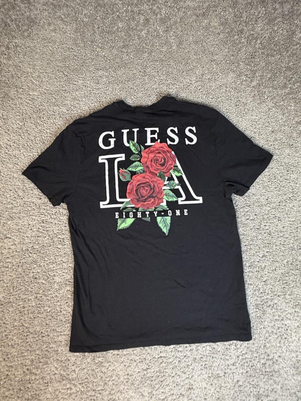 Guess Shirt Mens L Black Rose Graphic Crew Neck Cotton Jersey Lightweight - Picture 1 of 9